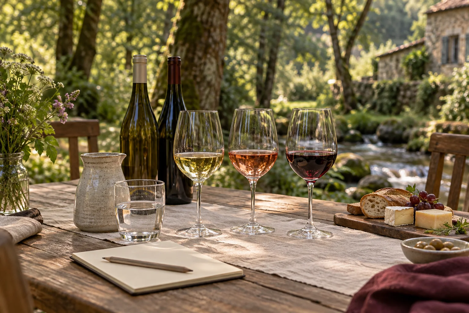 Glasses of white, rosé and red wine on a linen-covered table beside a woodland stream, with cheese, bread and a tasting notebook.